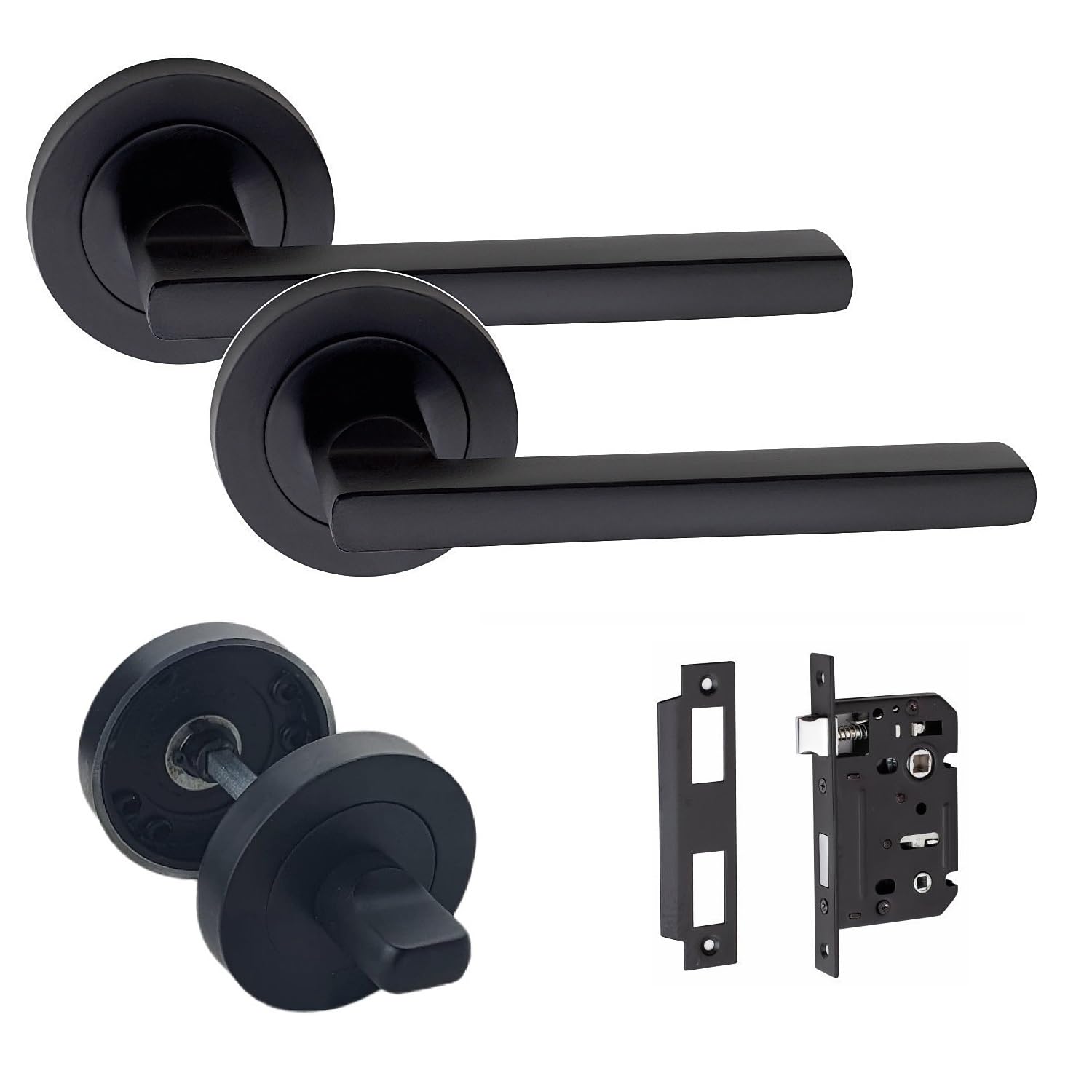 Golden Grace Leon Design Bathroom WC Toilet Door Handles Set on Round Rose in Matt Black Finish with 64mm Bathroom Mortise Lock & Thumbturn
