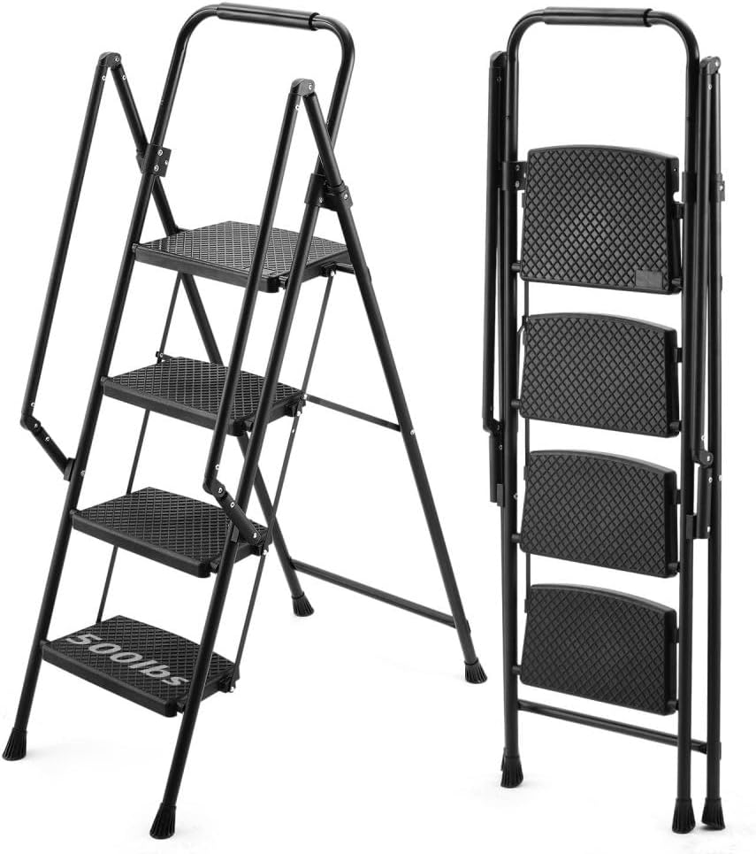 4 Step Ladder with Handrails, 500 lb Capacity Folding Step Stool Portable Ladders for Home Kitchen Office Engineering