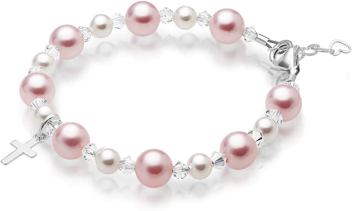 Baby CrystalsBracelet for Infant Girls – Sterling Silver, Cross Charm, Extender Chain, Pearl-Look Beads, Crystals by Swarovski – Religious Jewelry Gift for Christening, Baptism – Size 3-18 Months