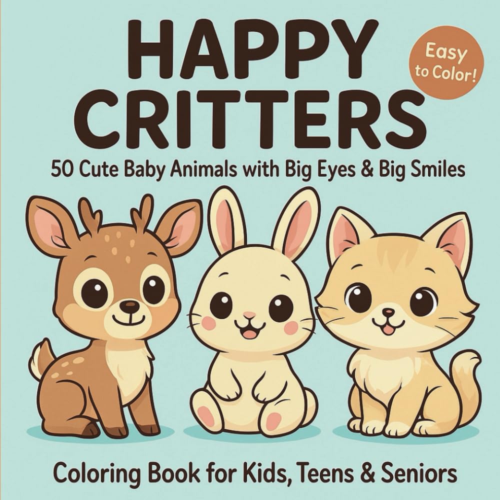 Happy Critters - Cute Baby Animals with Big Eyes & Big Smiles - light: A Fun and Easy Coloring Book for Kids, Teens, Seniors & Animal Lovers