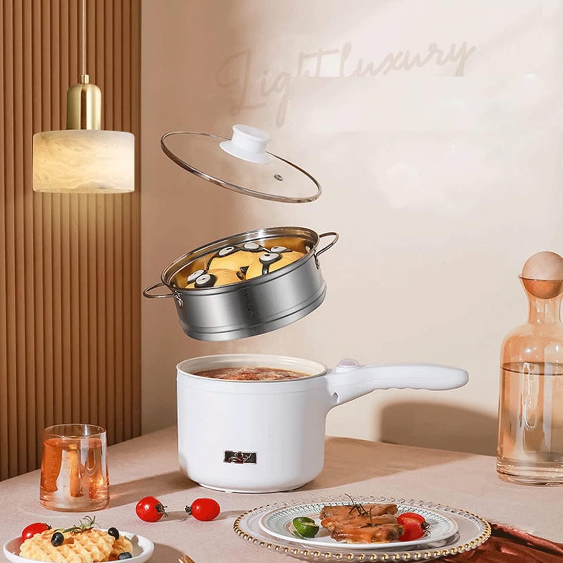 Electric Hot Pot, 1.5 L Nonstick Wok Stir Frying Pan with Stainless Steel Food Steamer Power Adjustment Skillet Saucepan for Stir Fry, Steak, Egg, Fried Rice, Oatmeal, Soup (Stainless Steel)