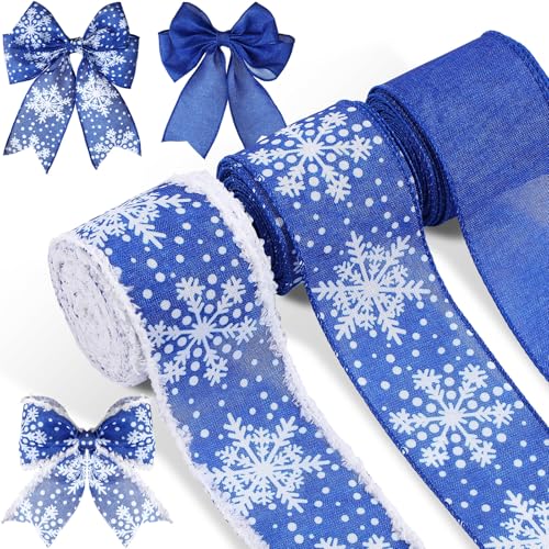 Geosar 3 Rolls Christmas Ribbon Wired 2.5 in × 10 Yard Each, Blue Snowflake