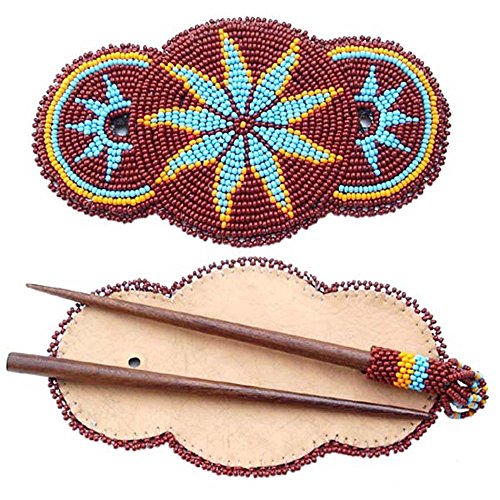 Handmade Barrette Wood Stick Slide Seed Beaded Brown Star Rosettes Hair Accessories Z40/3