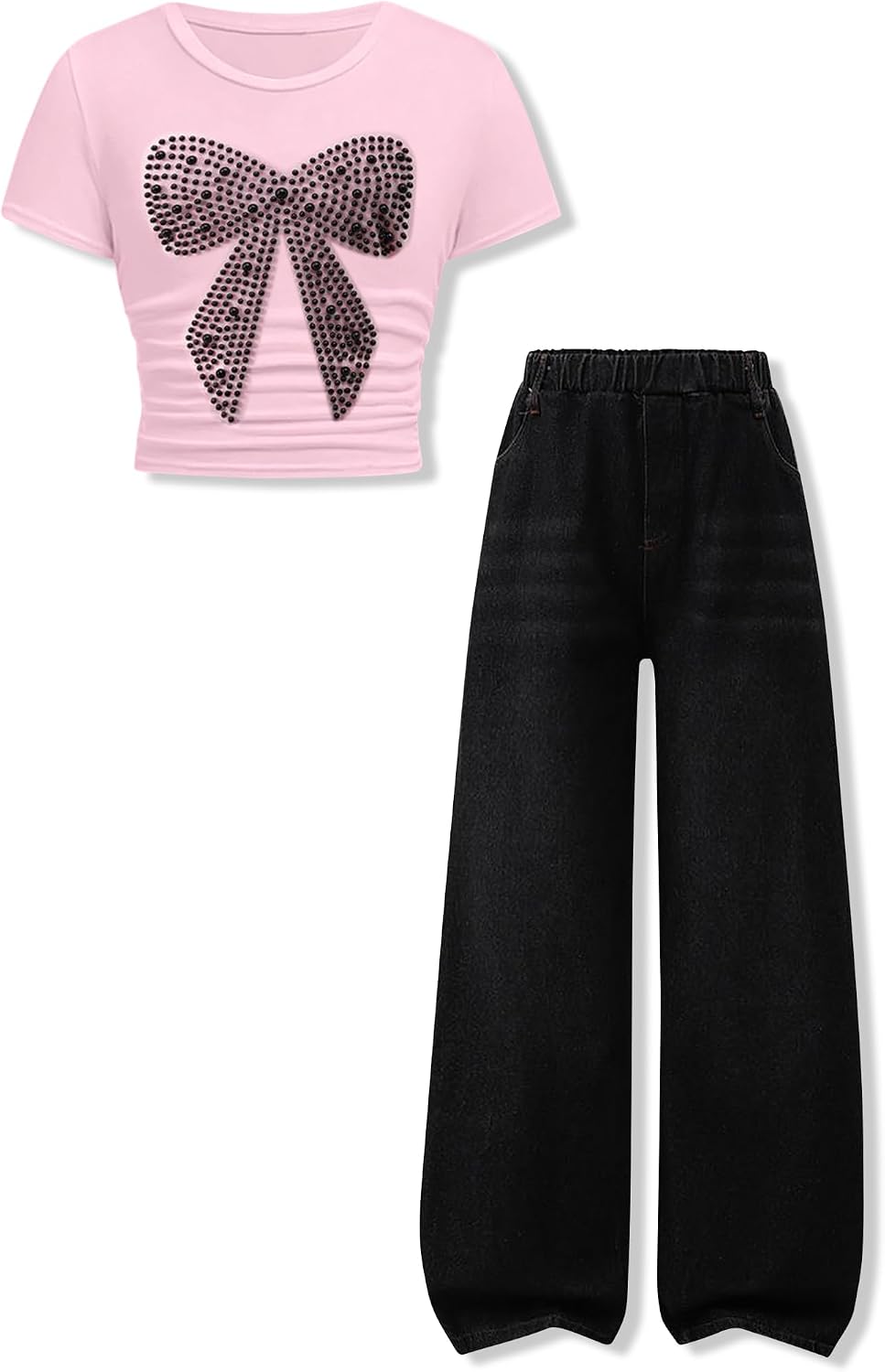 Girls Clothes Short Sleeve Beaded Bow Top + Denim Straight Pants, Spring and Fall Outfits, Size 9-16 Years