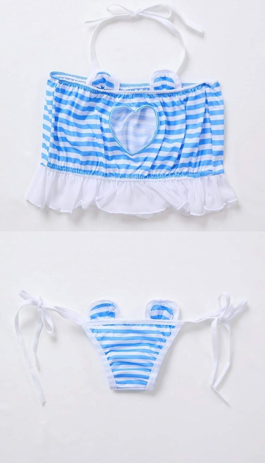 ABAFIP Women's Cute Anime Lingerie Halter Strap Cutout Bra Top Tiny Panty Kawaii Stripe Underwear set