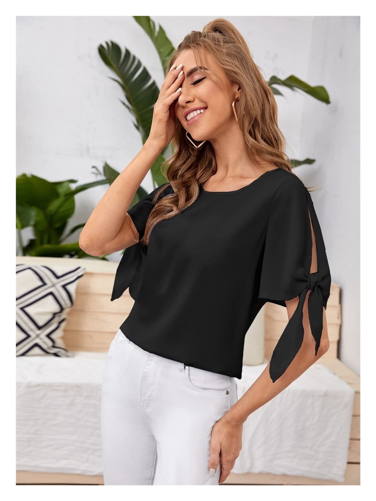 T-shirt à manche nouée pour femmes : haut décontracté noir taille S style chic