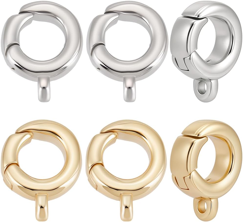 Beebeecraft 10Pcs 2 Colors Spring Ring Clasps 18K Gold Plated Round 10mm Small Spring Clasps and Closures with Hole Lobster Clasp for Bracelet Necklace Connectors DIY Jewelry Making Supplies