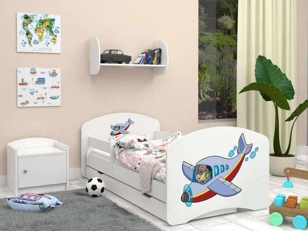 Happy Babies - Dwustronne łóżko dziecięce z szufladą Nowoczesne wzornictwo z bezpiecznymi krawędziami i zabezpieczeniem przed upadkiem materac piankowy 7 cm. (190x90, 45. samolot)