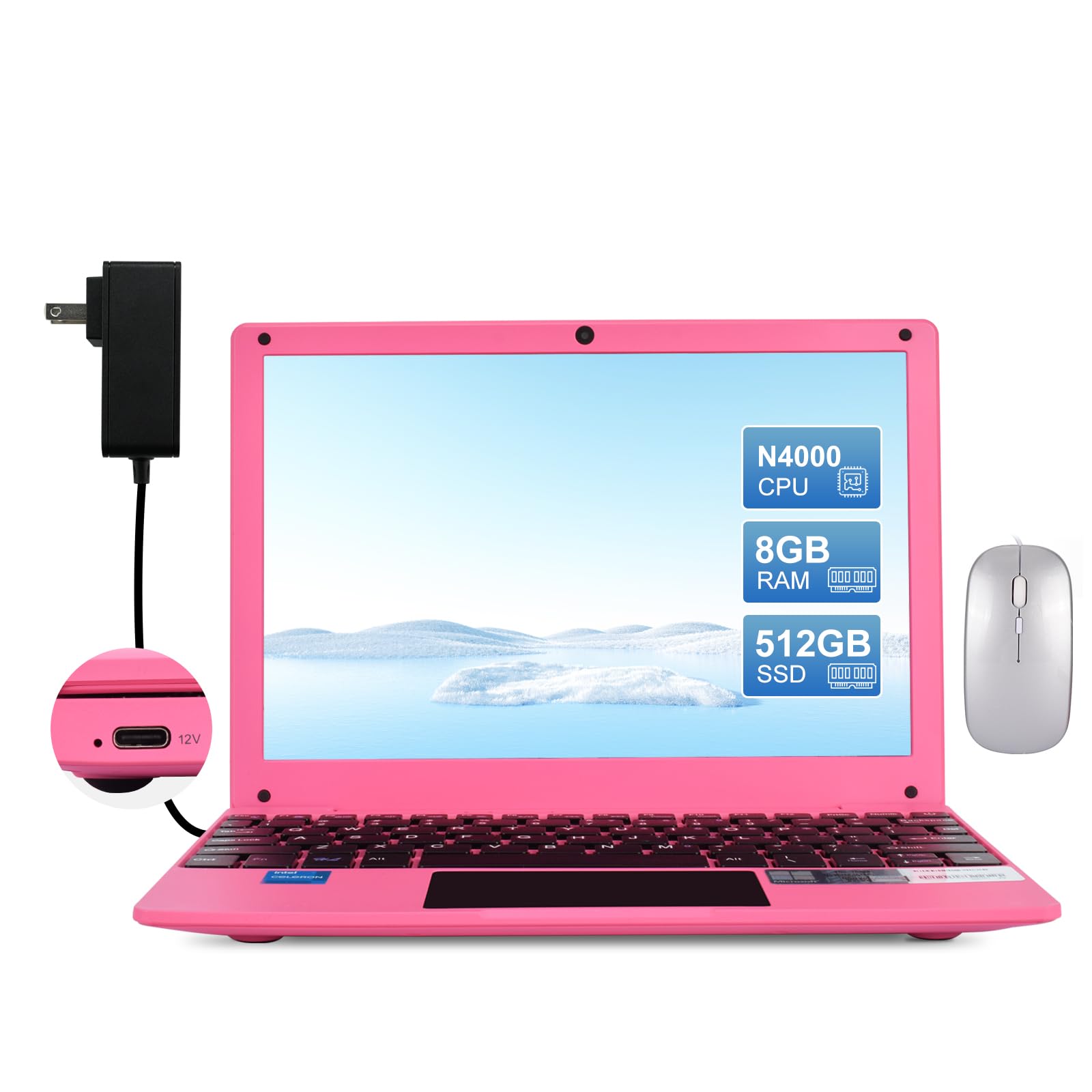 Photo 1 of HBESTORE10.1 Mini Laptop, IPS Display - with Celeron N4000 (Up to 2.6GHz), 8GB RAM 512GB SSD Windows 11 OS, Lightweight & Powerful Small Computer (Pink, 8GB+512GB)