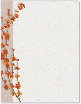 PaperDirect Autumn Serenity Branch Border Papers, Fall Stationery with Speckled Background and Single Orange Leafy Branch, 8.5 x 11, Acid-Free, Ideal for Letters, School, Business, Cards, 25 Sheets