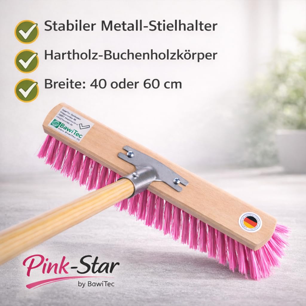 Pink-Star Besen Handfeger Set Straßenbesen mit Pinken Borsten Komplett-Set mit Stiel Besenstiel Hochwertig Langlebig für Draußen Garten Werkstatt Haus und Hof 60cm mit Holzstiel