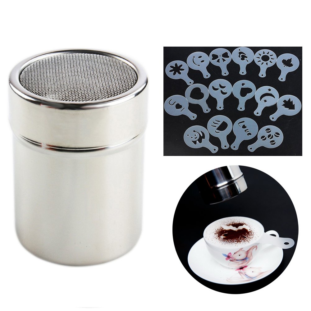 Chocolate Shaker Duster Coffee Flour Sifter Stainless Steel Salt Dispensers + 16pcs Cappuccino Coffee Stencils Template Duster Spray Art