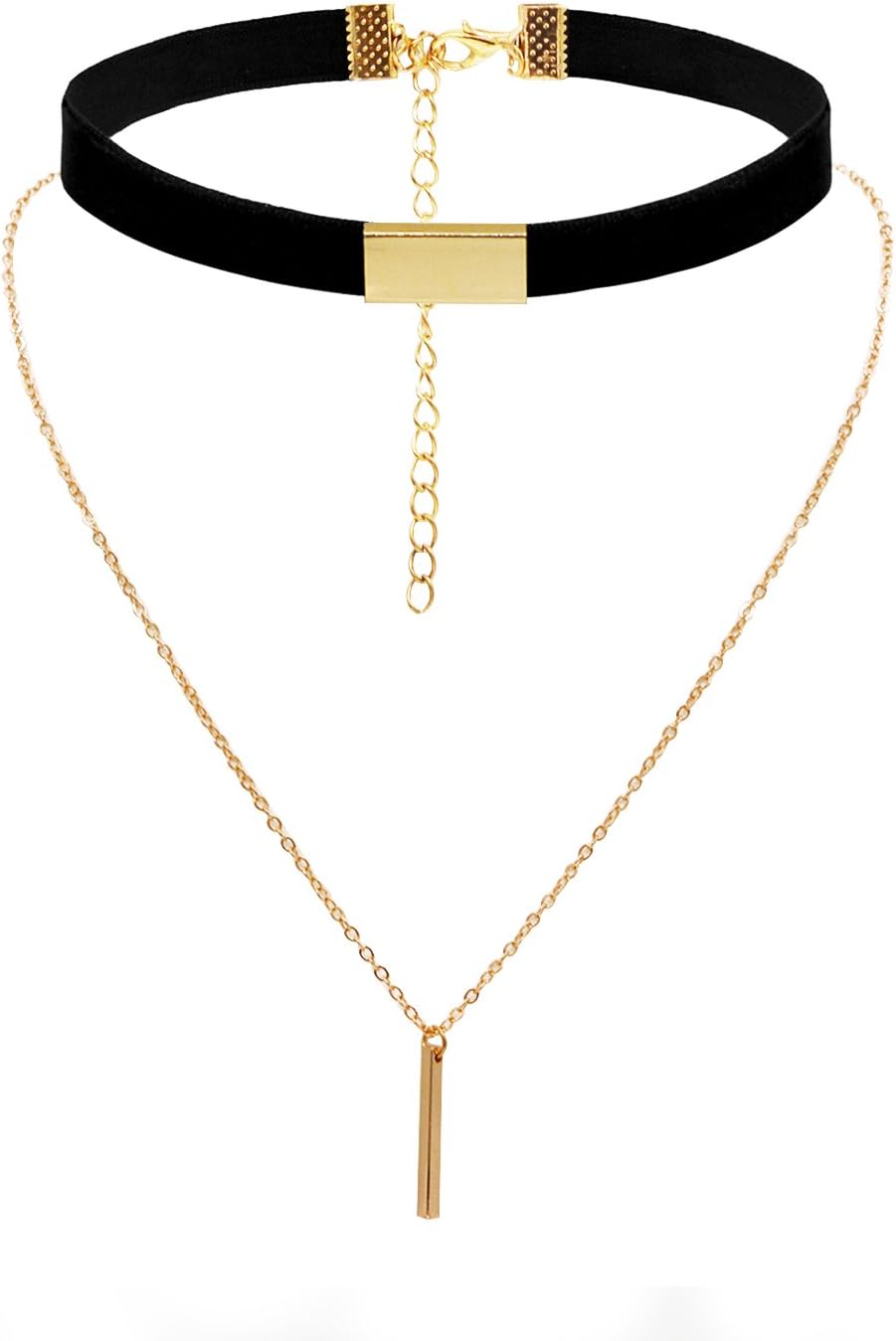 Qoyo Woman Girl Choker Collar Pendant Adjustable Elegant Chain Choker Necklace Layered Gothic Leather Choker with Charm Rectangle Pendant (Black Ribbon Gold Pendant) โฆ
