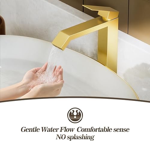 Miniatura 3 de Phiestina FH05-BG-V - Grifo de baño de oro cepillado, grifo de lavabo de latón con un solo agujero, cascada sobre mostrador, con drenaje desplegable