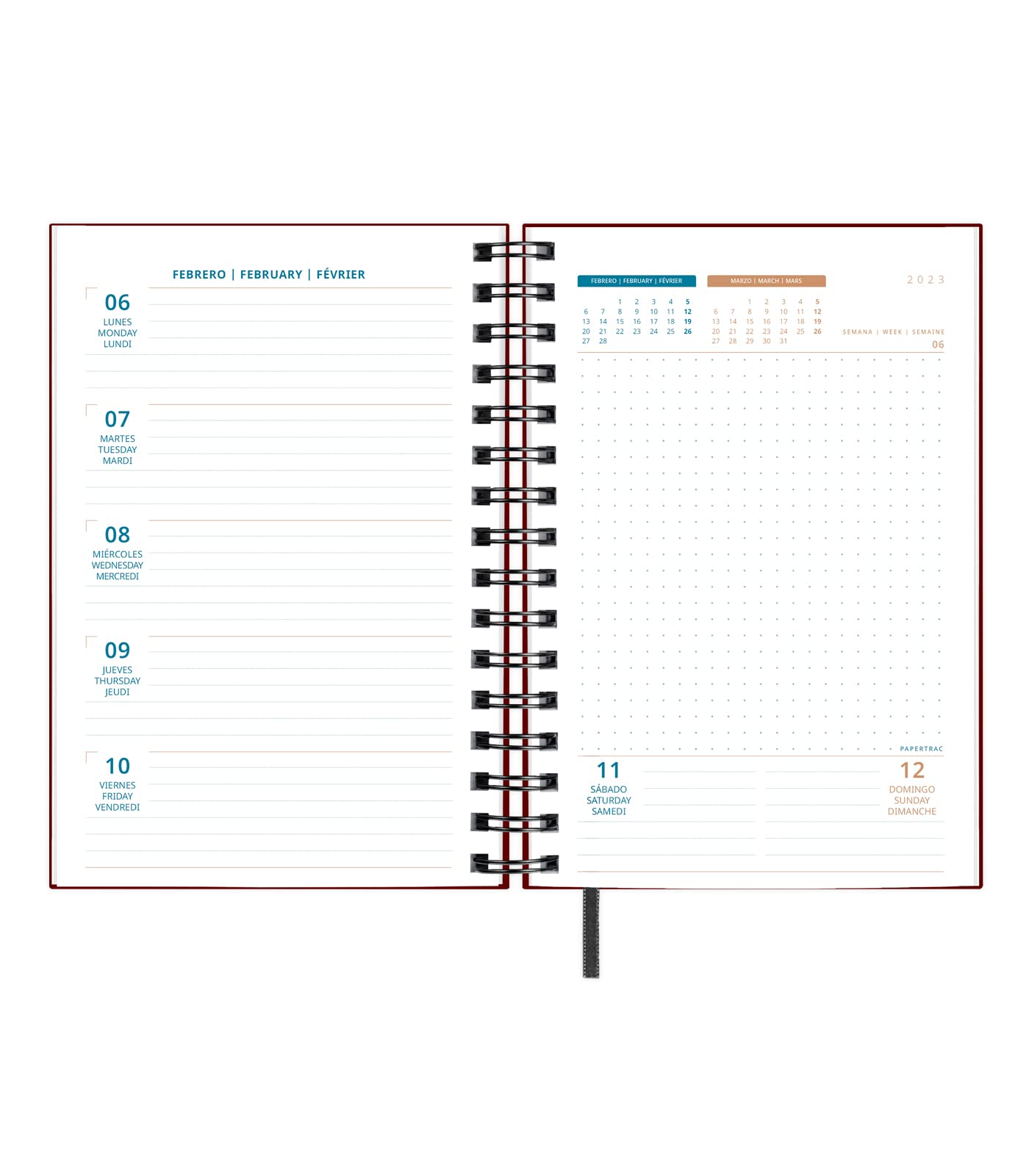 2022 2023 Calendar - Garnet - Week to View A5-14.5 x 21.2 cm Spanish-English with Index Tape Papertrac, Garnet red - Image 3