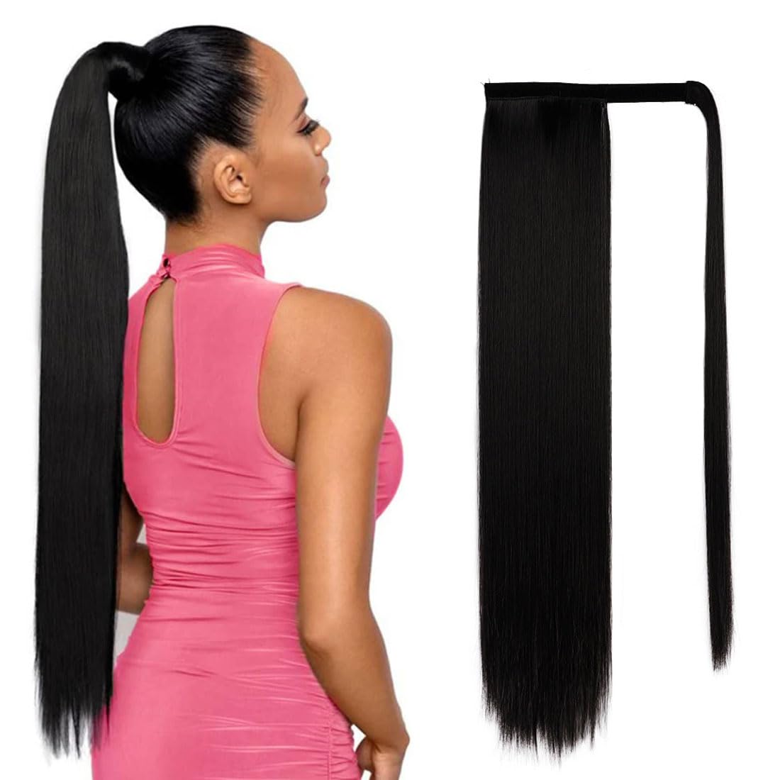 EORPAVU Haarverlängerung Pferdeschwanz – Schwarz, 60 Cm, Clip-in, Kunstfaser