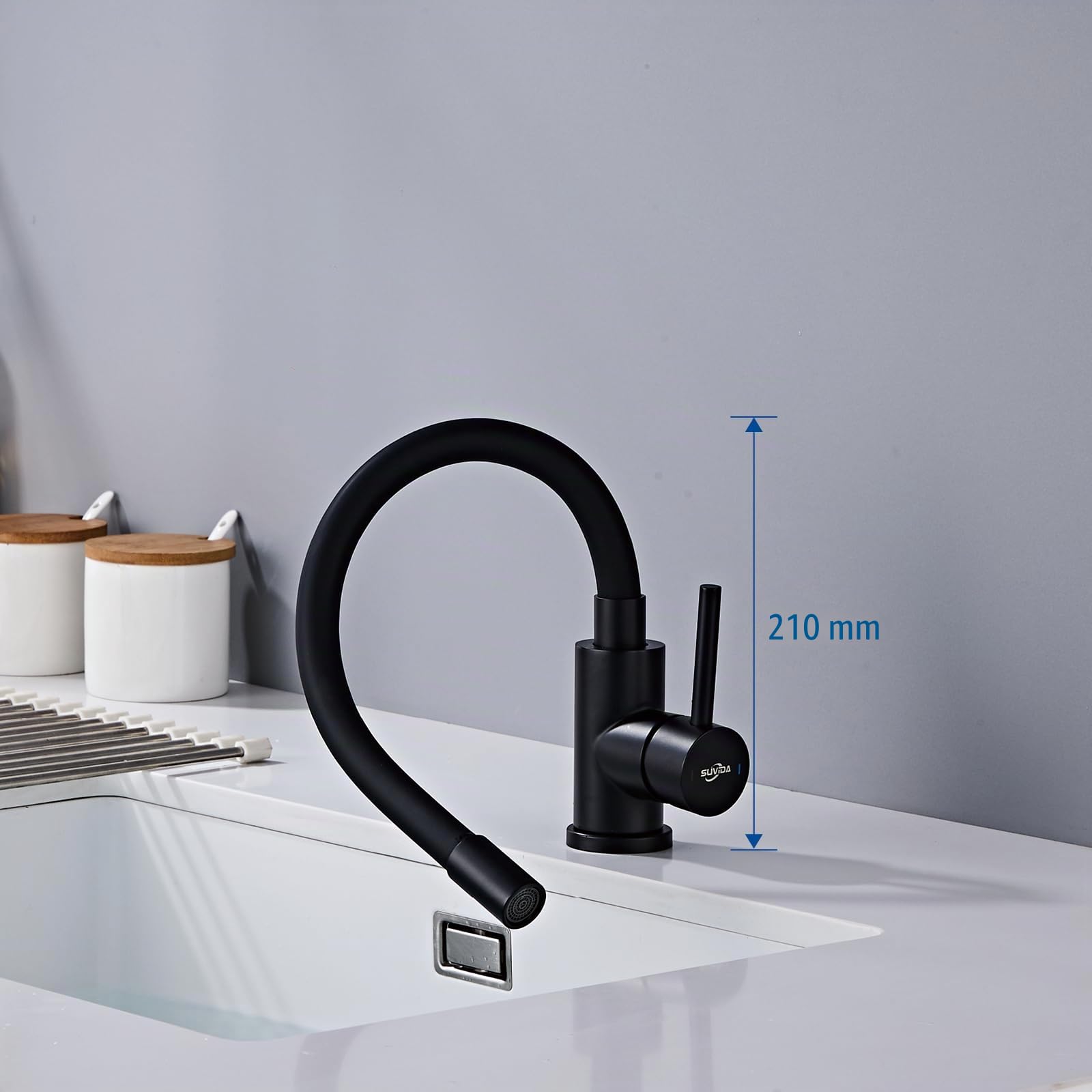 Grifo Fregadero Cocina Negro, Grifo Cocina Flexible, Mezclador Cocina Giratiorio a 360°, Monomando de Alta Presión, Grifos Cocina de Acero Inoxidable, Ahorro de Agua