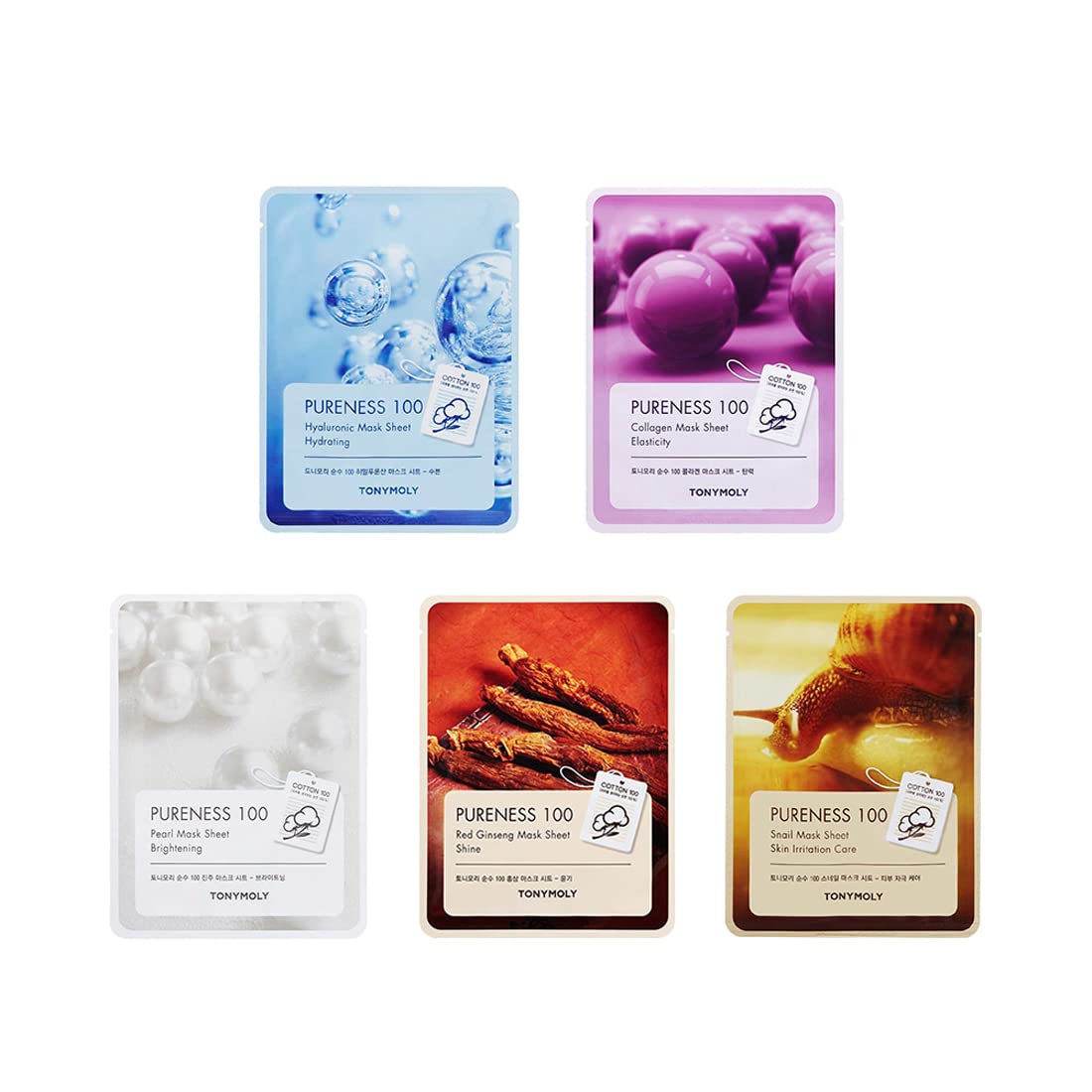 Tonymoly Pureness Sheet Mask| Pack of 5| Cotton Face Sheets| Face Mask for Glowing Skin| Instantly Soothes Skin| Brightens & Nourishes Skin| Sheet Mask Combo