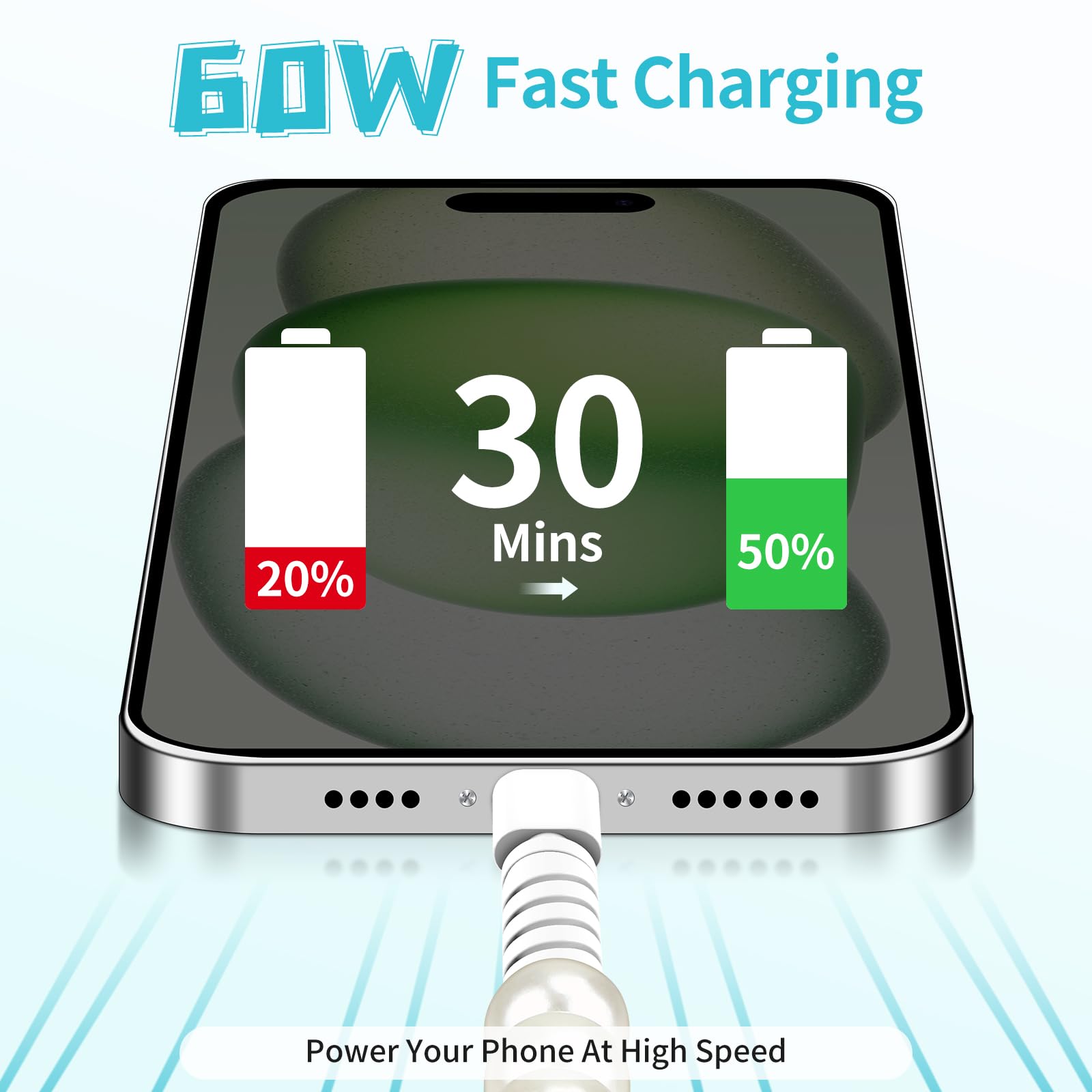 Cavo USB a USB C da 1,9 m 60 W bianco perla USB iPhone cavo di ricarica in rilievo tipo C cavo di ricarica rapida con fiocco carino per iPhone 16 15 Plus Pro Max 16E Samsung Galaxy S25 S24 S23