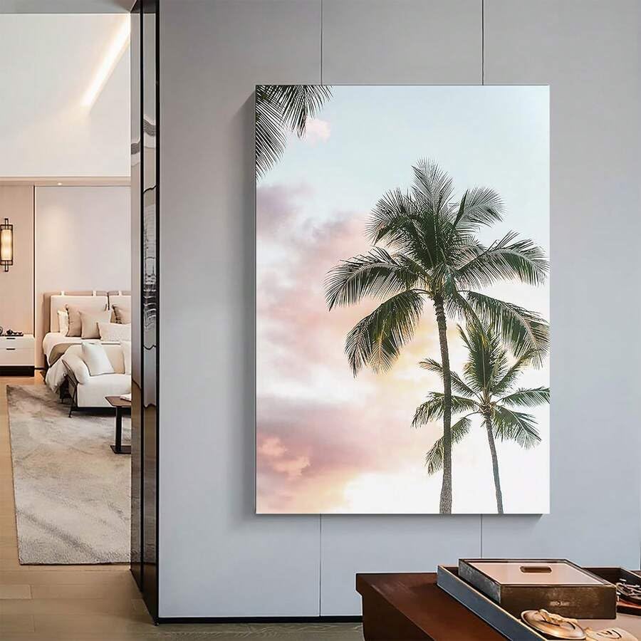Affiche toile plage rose décoration salon tropical pastel 70x100cm