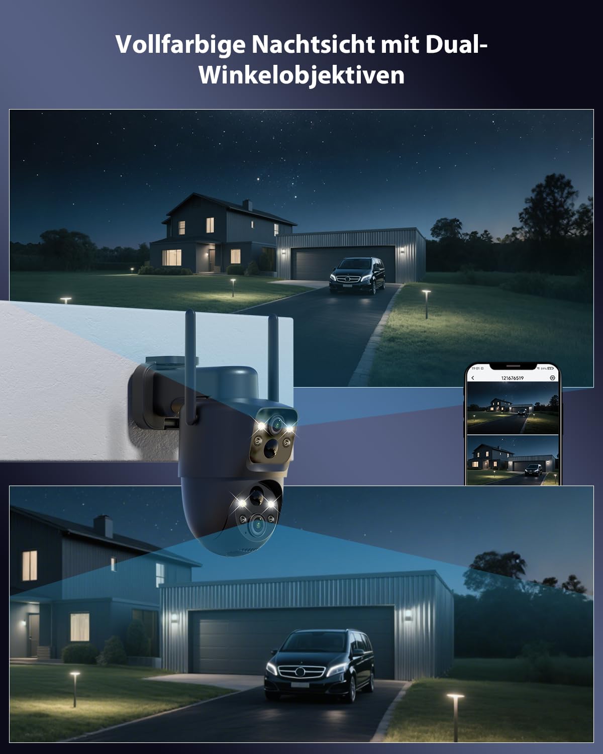 COCOCAM 2K Dual Objektiv Überwachungskamera Aussen WLAN Solar | 10000mAh Akku, 6W Solarpanel, Duale PIR und KI-Personenerkennung, Farb-Nachtsicht, 355°P 90° T, IP66, 2.4GHz WLAN