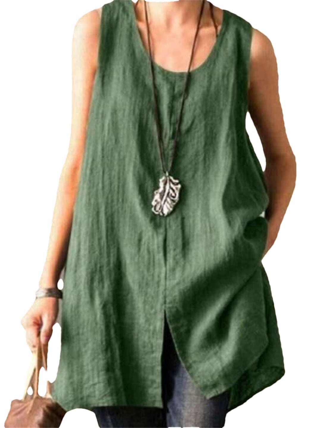Lmtossey Camicia da donna in cotone e lino, stile vintage, per feste primaverili ed estive, senza maniche, con spacco