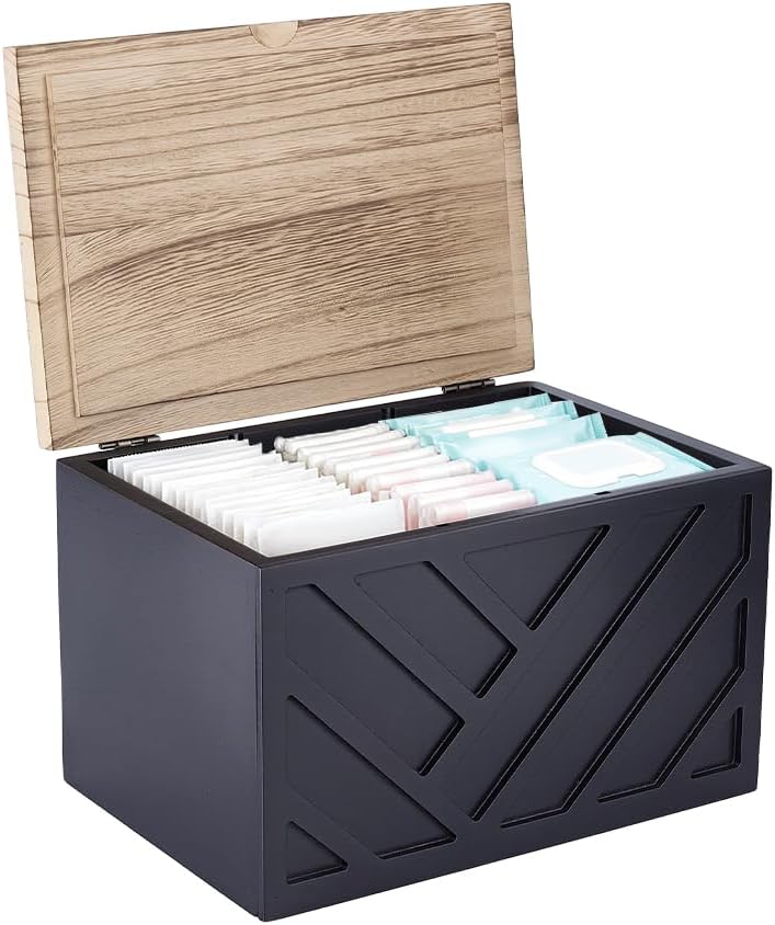 UNICRAFTALE 3-Compartment Tampon Holder Black Wooden Divided Storage Box Rectangle Organizer with Lid for Bathroom Home Storage 8.66x5.83 Inch