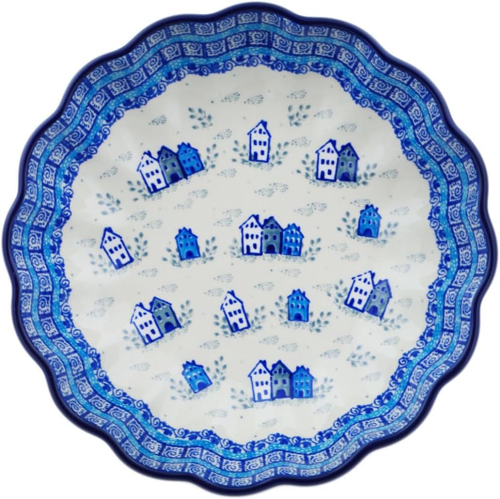 Polmedia Polish Pottery Fluted Bowl 9-inch UNIKAT - Arctic Village Pattern Handmade in Boleslawiec Poland by Ceramika Artystyczna + Certificate of Authenticity