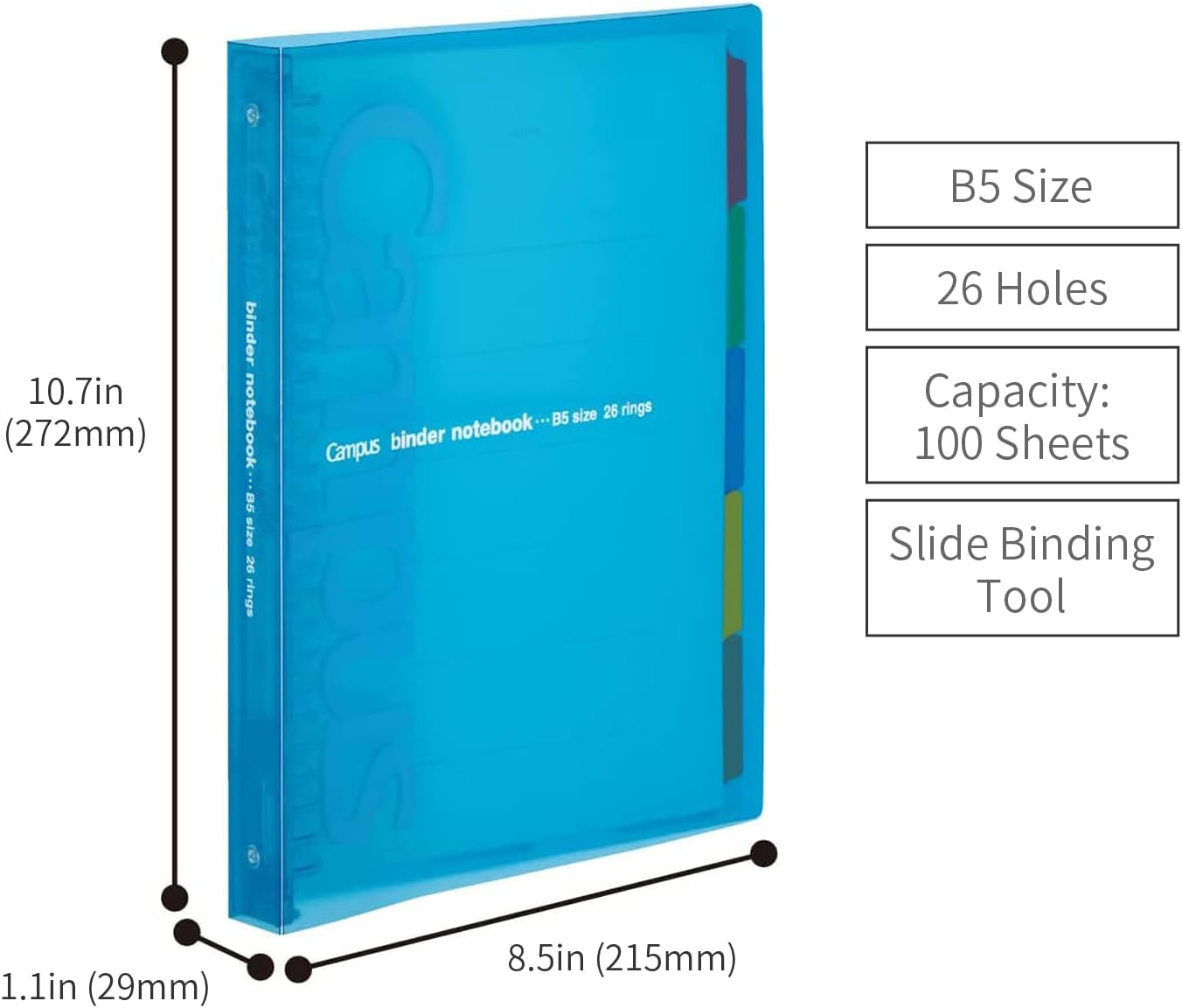 Kokuyo Campus Slide Binder with 5 Tab Dividers, Middle Type, B5, 26 Holes, Up to 100 Sheets, 3 Colors of Blue, Pink & Transparent, Japan Import (RU-P333)