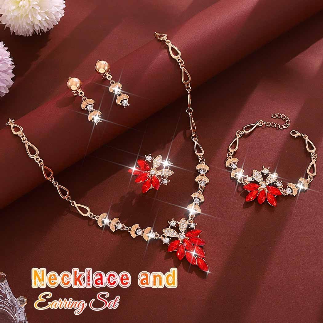Yean Gold Red Rhinestone Jewelry Sets Bridal Statement Necklace Dangle Bracelet Earring Set Costume Jewelry for women - Image 5