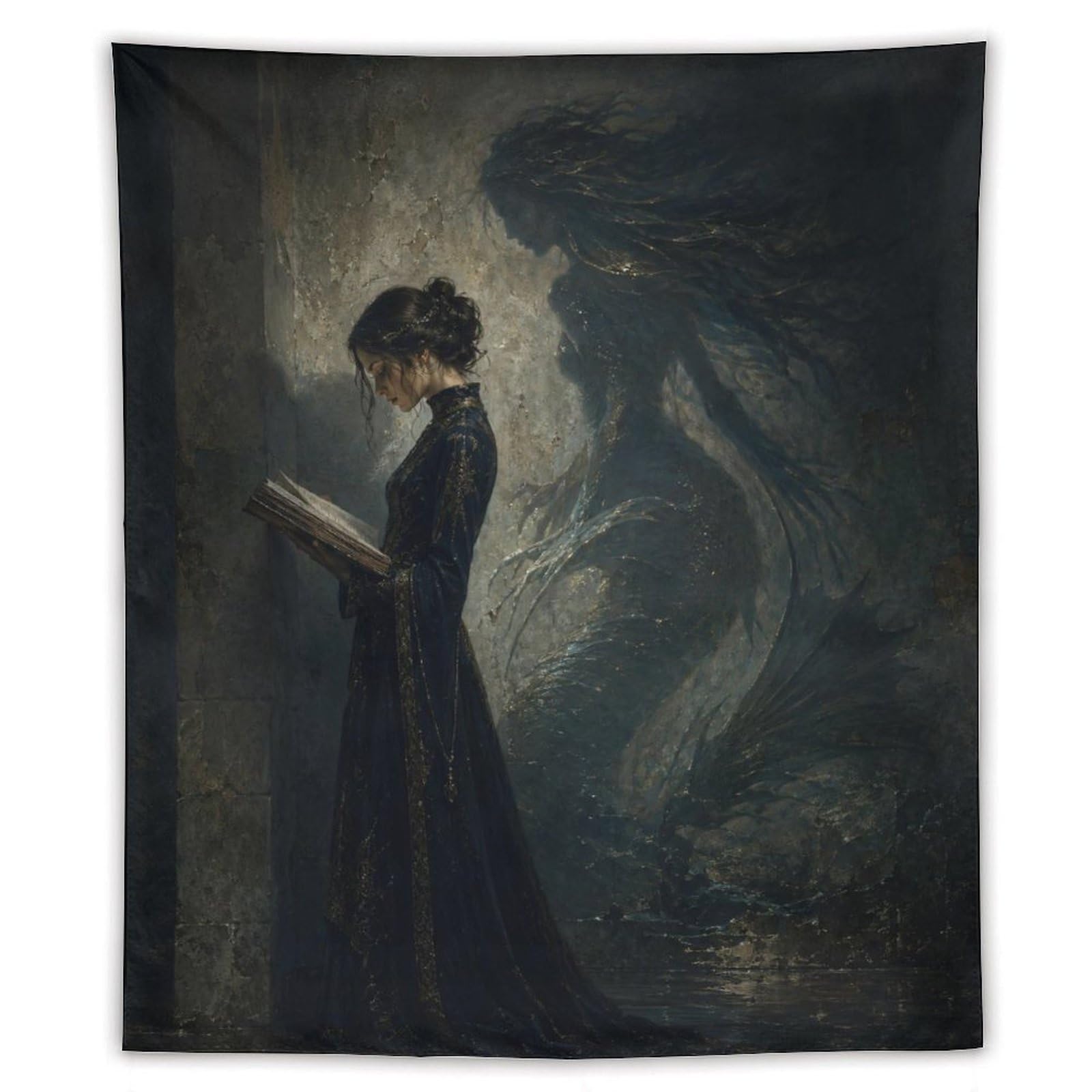 H3B8U2Y5 Woman Reading Dragon Shadow Wall Tapestry, Fantasy Legend