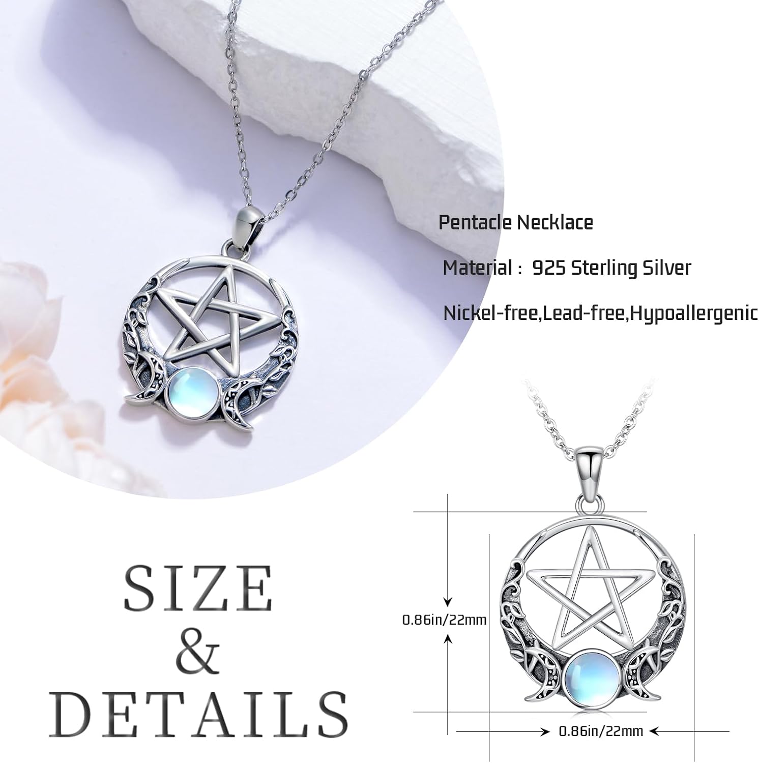 Witch Necklace 925 Sterling Silver Pentagram Triple Moon Pentacle Pendant Wiccan Pagan Jewelry Witchy Gifts for Women - Image 4