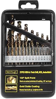 Titanium Drill Bit Set - 21-Piece M35 Co 5% High Speed Steel HSS for Steel Alloy and Other Hard Metals Fully Ground with 135°Split Point Drill Bits in Deluxe Metal Box