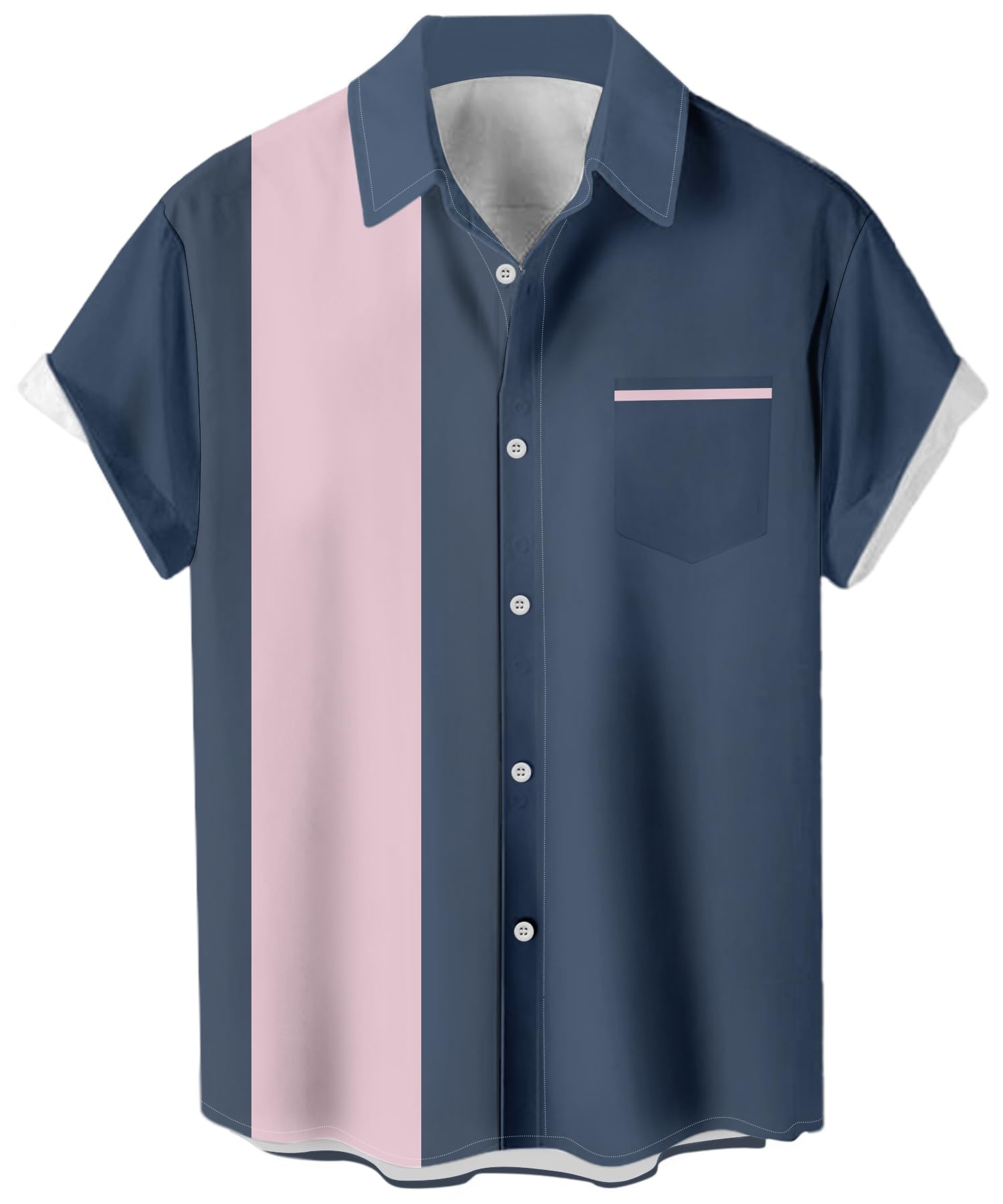 Men's Vintage Bowling Shirts 1950s Casual Short Sleeve Button Up Contrast Shirt Summer Color Block Cuban Shirts