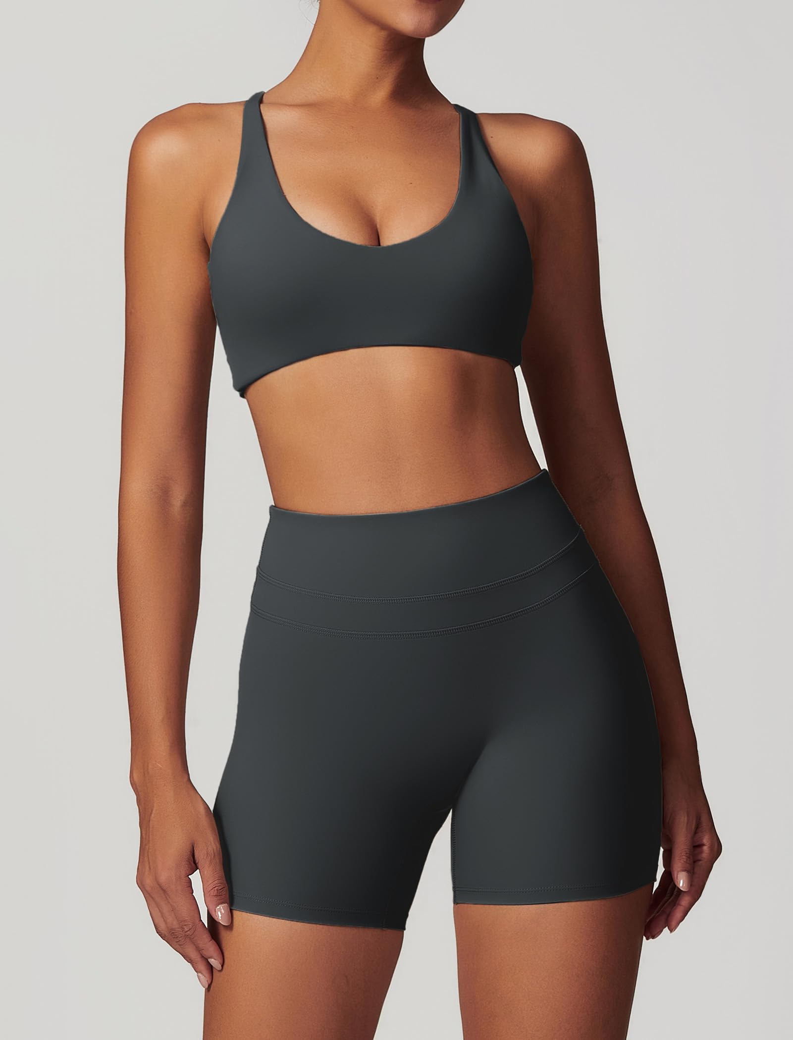 IDOPIP Conjunto deportivo para mujer para fitness: set de gimnasio de 2 piezas con cuello en V, sujetador y leggings cortos – Ropa deportiva de verano para yoga, pilates y entrenamiento
