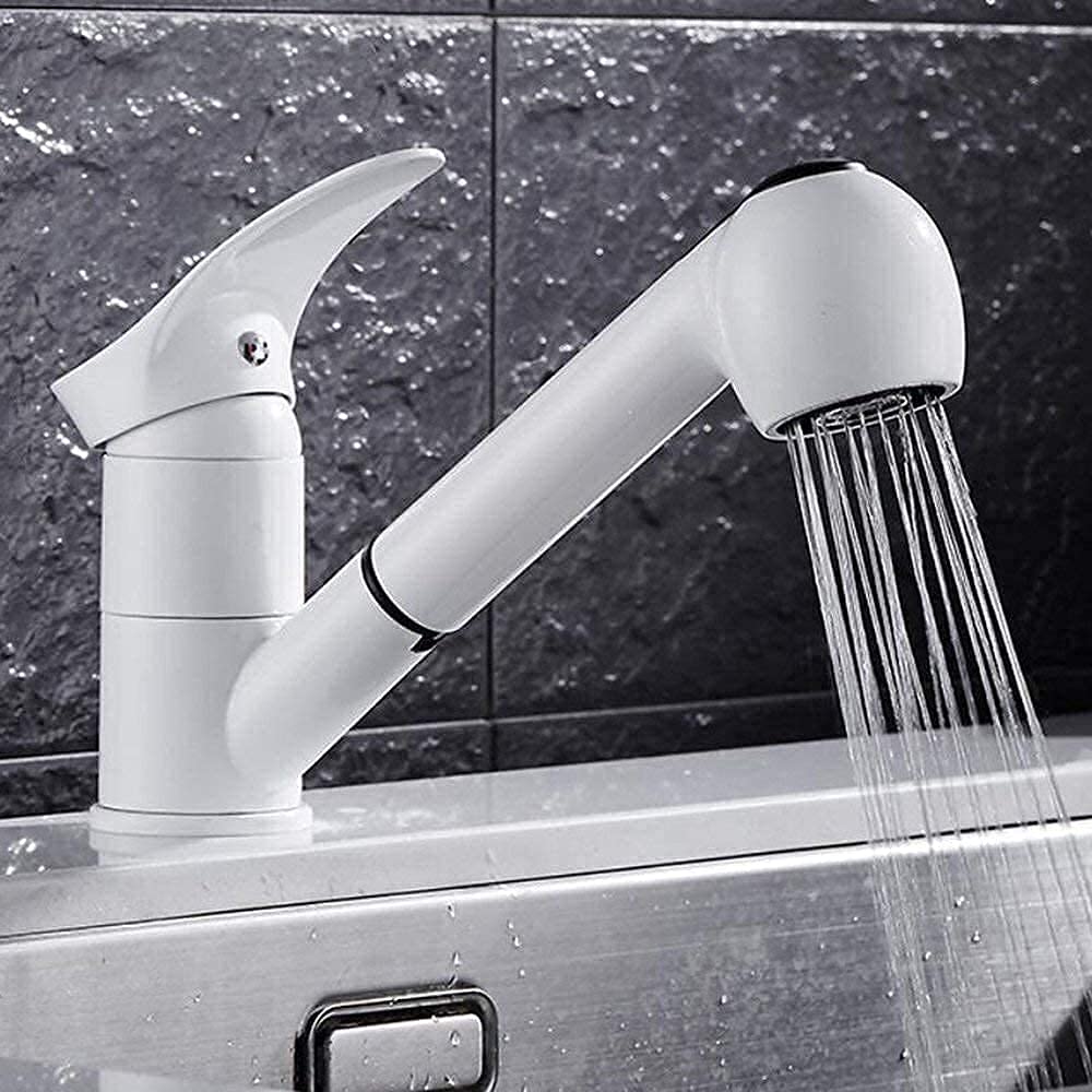 Robinet mitigeur de cuisine en laiton blanc avec douchette extractible et bec orientable 360°