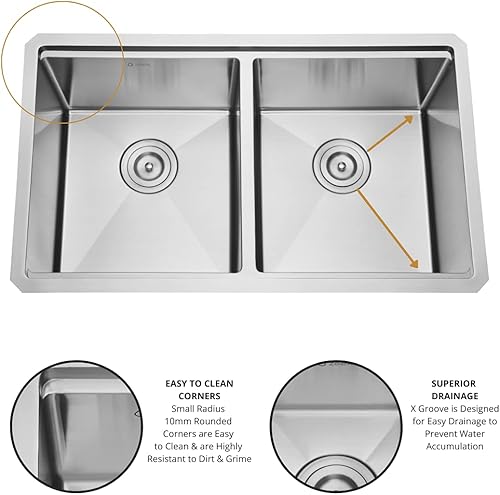 Miniatura 6 de ZEEK Fregadero de cocina con estación de trabajo de doble cuenco de montaje inferior 32 con accesorios, calibre 16, acero inoxidable 5050 tazón