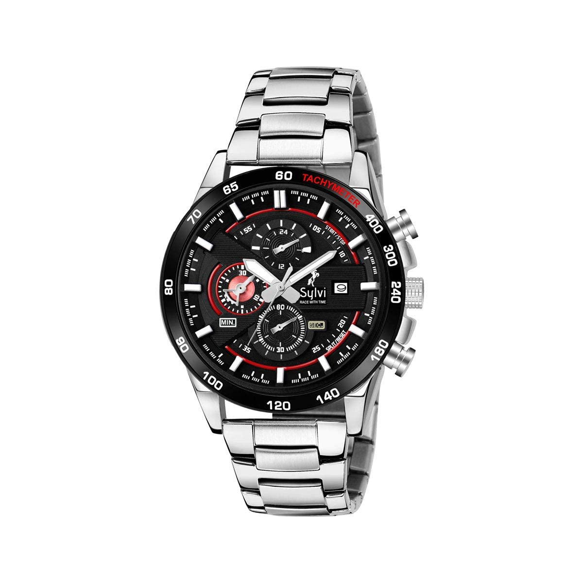 Sylvi Multi Function Black and Red Dial Silver Strap All crono Working Watches for Men (B0B5D2R654) Amazon Price History, Amazon Price Tracker