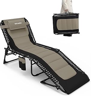 WKFAMOUT Oversized Folding Sun Lounger Cushion Reclining Chair 5 Adjustable Portable Lounge Chair Load 150KG Camping Foldable Bed with Pillow Side Pocket 200x68CM Khaki