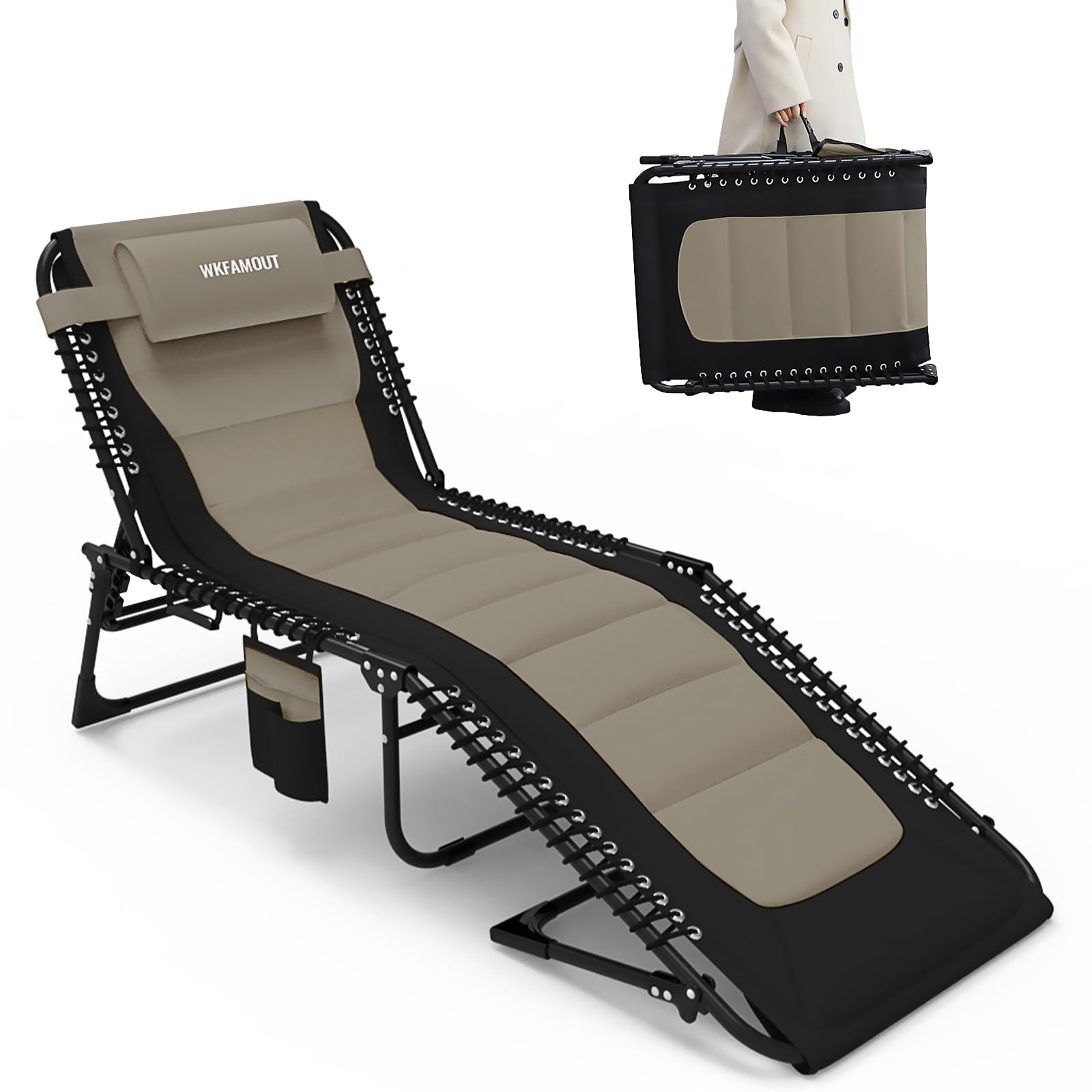 Übergroß Sonnenliege Klappbar Gartenliege 5 Verstellbarer Rückenlehne Outdoor Faltbar XXL Dreibeinliege Strandliege Campingbett bis 150KG mit Kissen Seitentasche 200x68CM Khaki