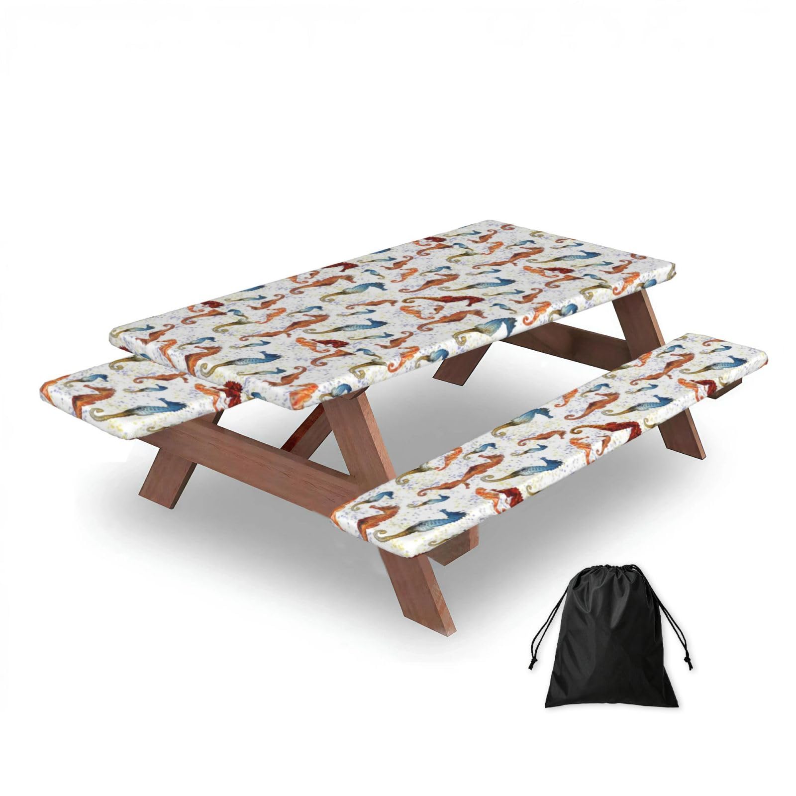 Dopklna As Picture Seahorses Ballet White Animals Nautical, Picnic Table Cover With Bench Covers -Waterproof Elastic Fitted Tablecloth For Garden Camping Patio 76X152cm
