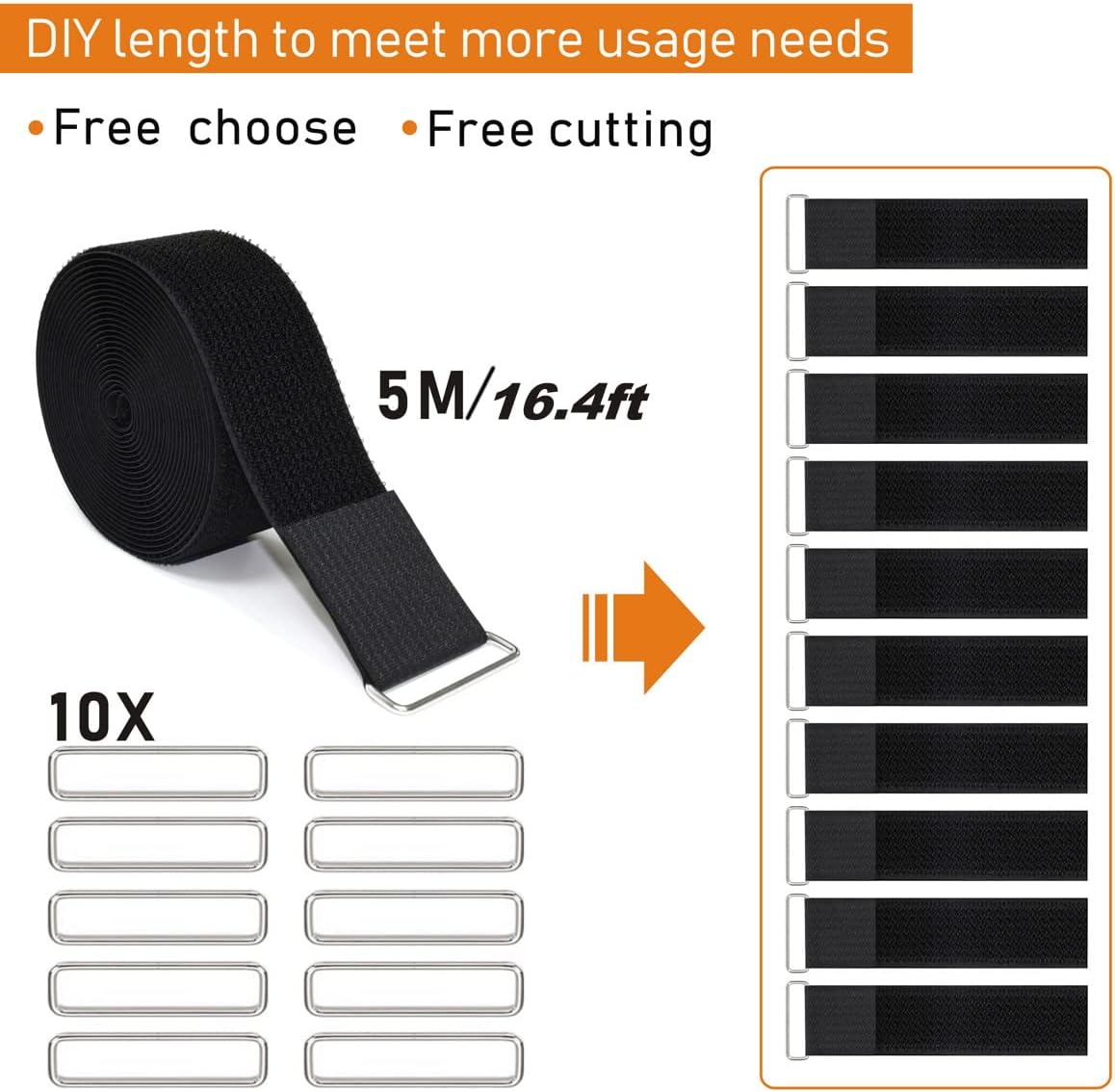 5cm-5m Hook and Loop Straps with 10 Metal Buckles,Cut-to-Length Reusable Cable Ties,Adjustable Fastening Cable Straps,Nylon Securing Cinch Strap,2 inch Wide, Black