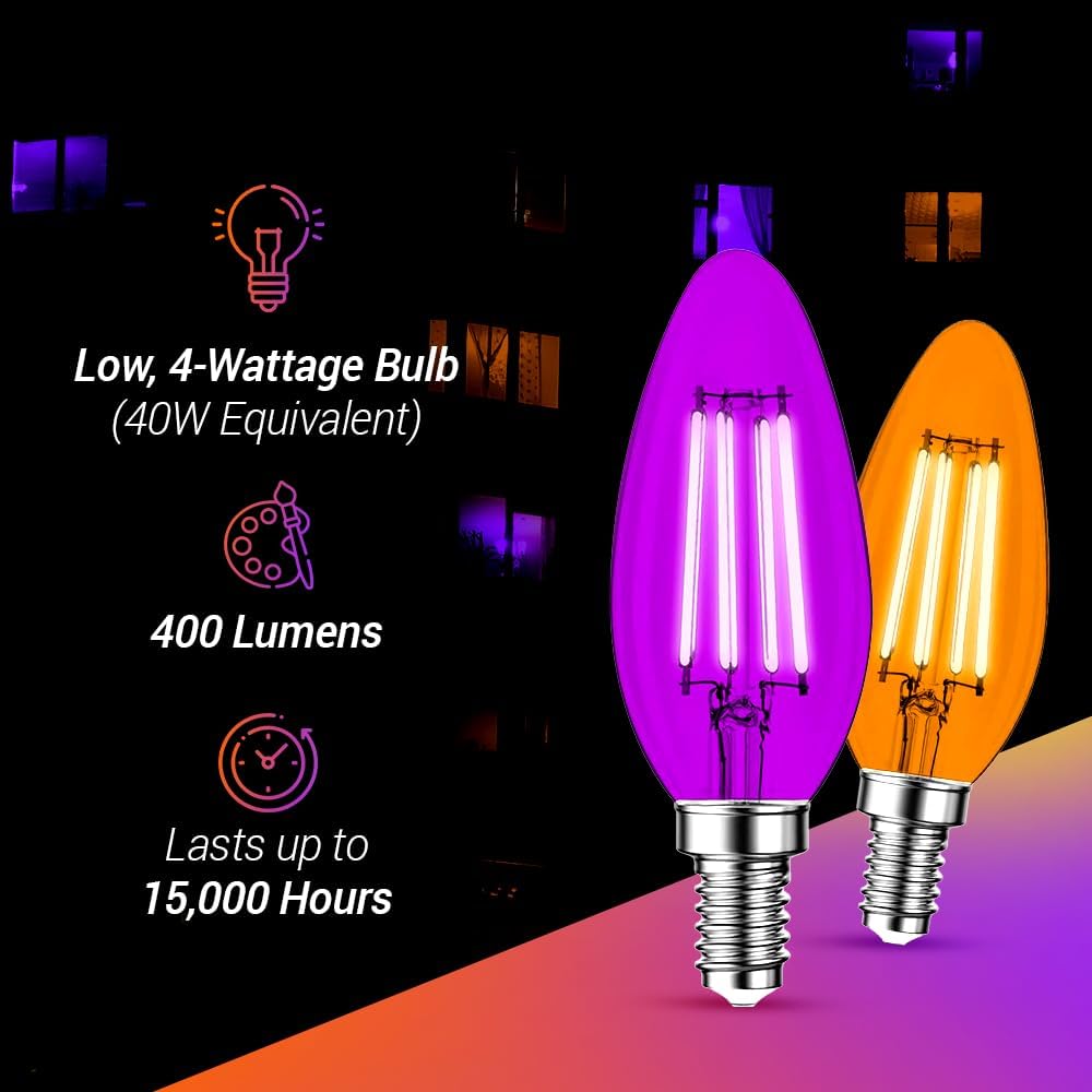 2 Pack E12 Filament LED Orange Light Bulbs – E12 Candelabra Bulb 4W 40-Watt Equivalent - Vintage Decorative Lighting Orange LED Bulb Party Decoration, Porch, Halloween Light Bulbs