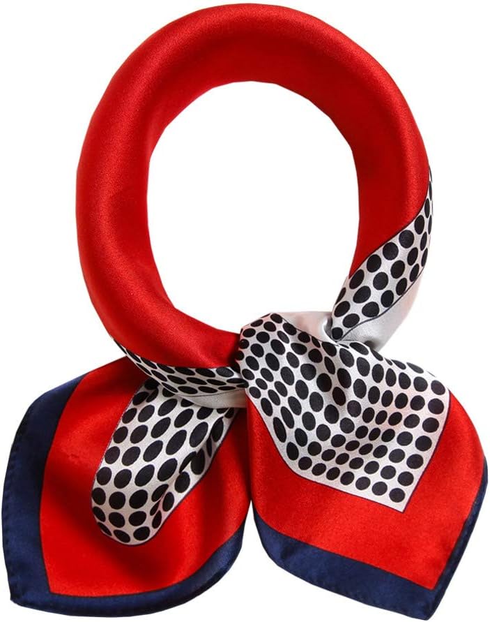 100% Small Square Pure Mulberry Silk Scarf -21'' x 21''- Lightweight Neckerchief -Digital Printed Solid Color Headscarf (Square&Dots)
