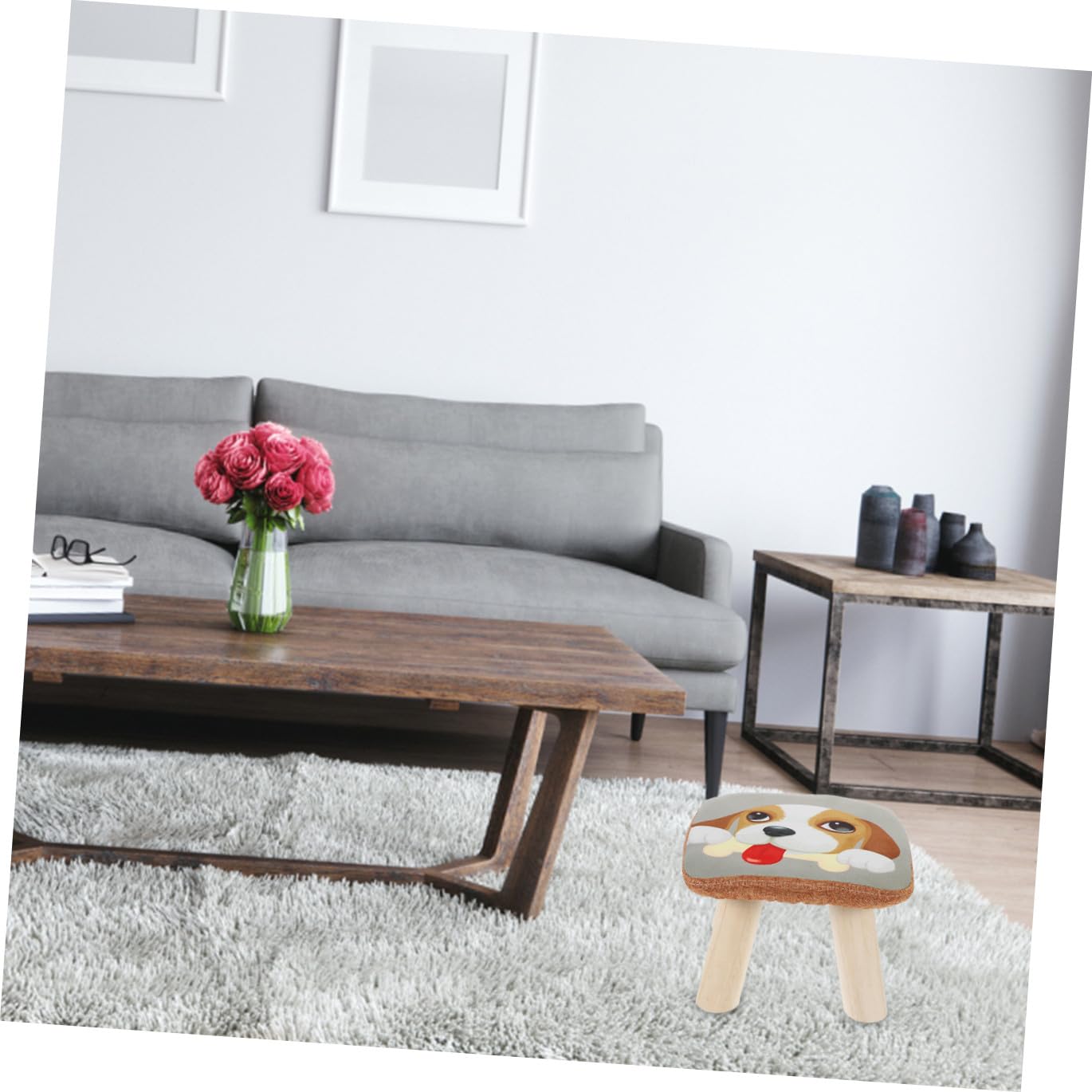 Taburete de Madera Ligero para Niños Funda de Lino y Algodón de Dibujos Animados, Antideslizante y Versátil para Dormitorio o Sala de Estar