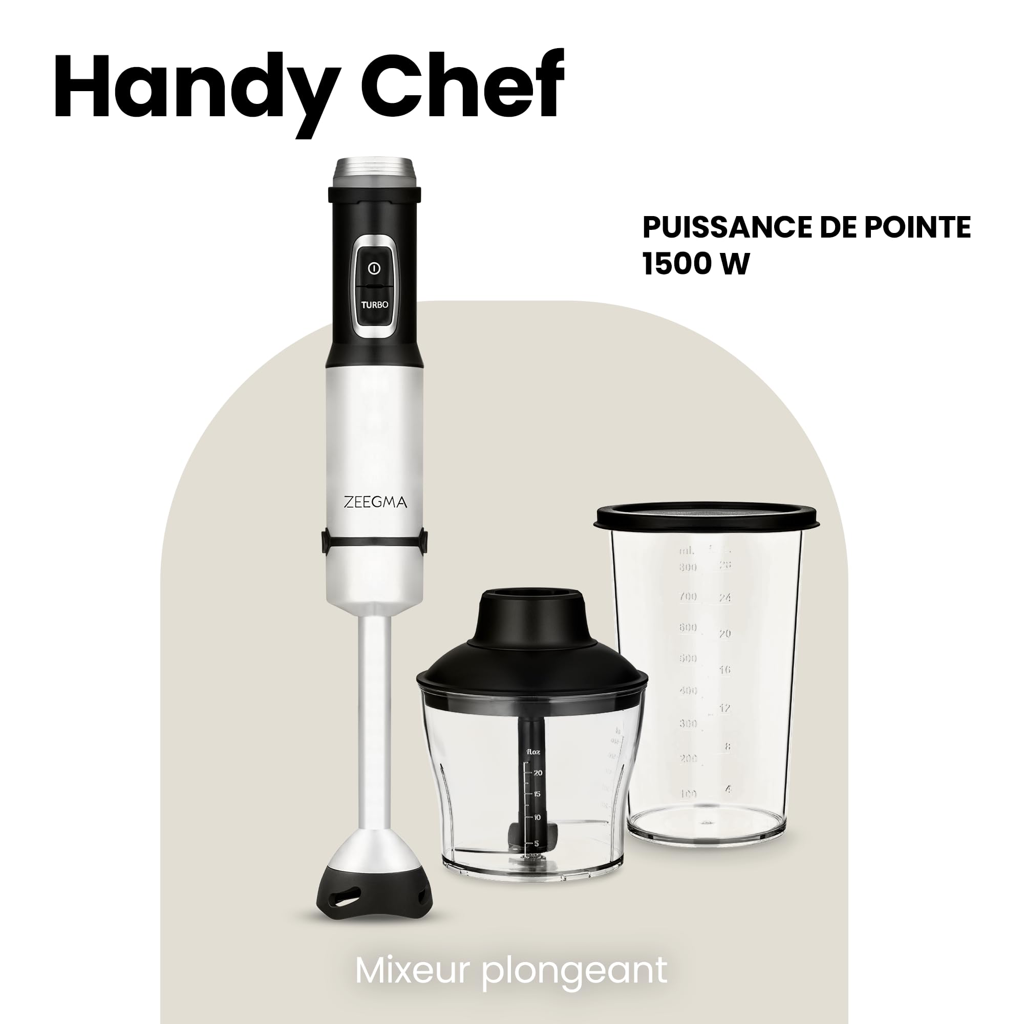 ZEEGMA Mixeur plongeant Handy Chef 5 en 1 multifonctionnel 1500 W, jeu de buses : mixeur, fouet, crochet, robot culinaire 0,6 l, récipient 0,8 l, mode turbo, contrôle de vitesse