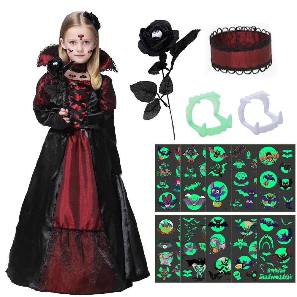 Cloudkids Costume da Regina Vampiro - Costume da Vampiro per Bambina - Twilight - Vestito e Accessori per Ragazze per Halloween Carnevale, Cosplay, Nero e rosso, 3-4 Anni