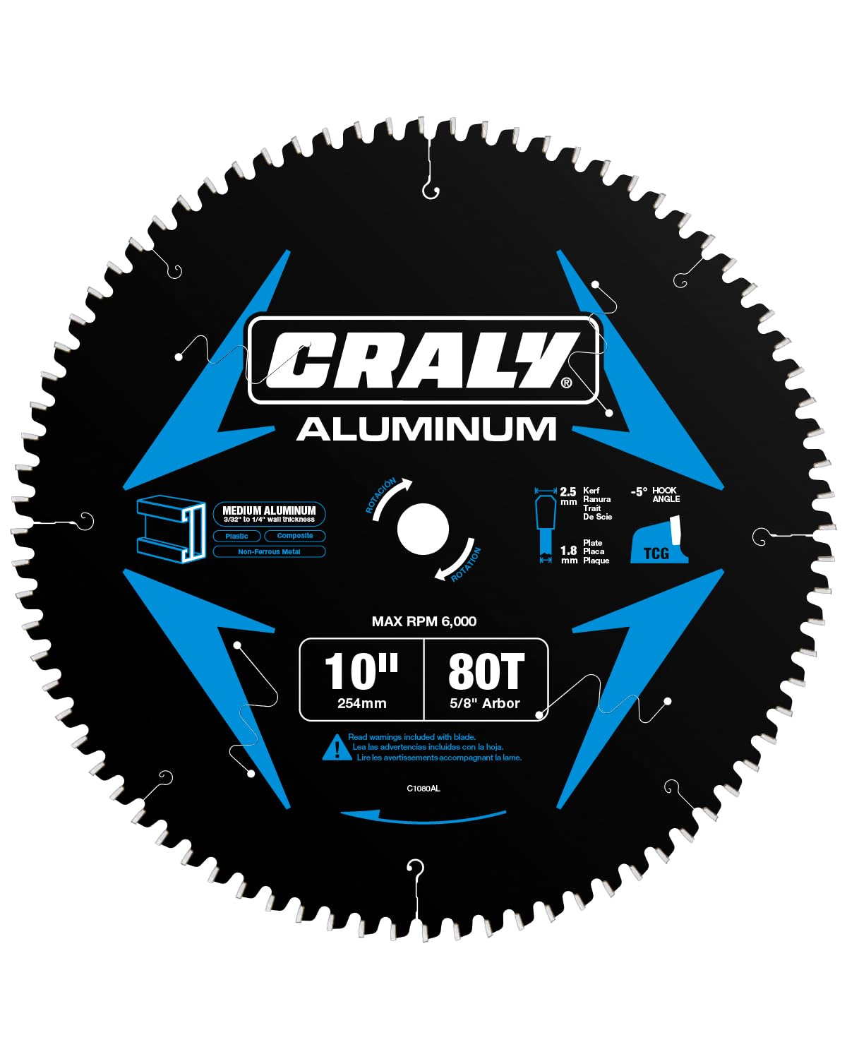 CRALY 10 Inch 80 Teeth Aluminum and Non-Ferrous Metal Cutting Circular Saw Blade, 5/8 Inch Arbor, Carbide Tipped, Thin Kerf, Black Ice™, for Medium