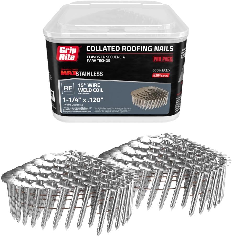 Grip Rite Prime Guard Max MAXC62873 1-1/4-Inch Coil Roofing 304 Ring Shank, Stainless Steel, 600-Pack