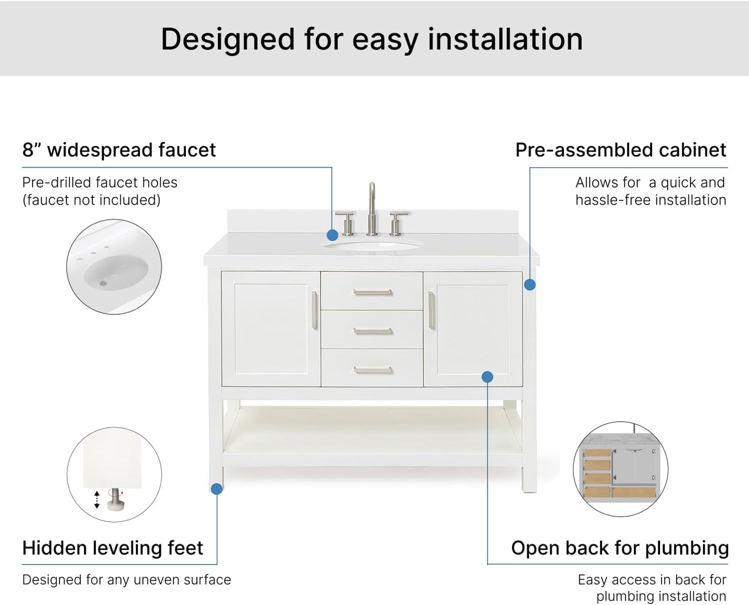 ARIEL Bayhill 48-inch Bathroom Vanity with Sink,Solid Wood, 1.5-inch Pure White Quartz Countertop & Backsplash, Single Oval Porcelain Sink, 2 Soft Closing Doors, 2 Dovetail Drawers, White